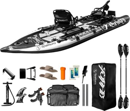 Spatium Aufblasbares SUP-Paddle-Board für Erwachsene, 27,9 x 111,8 x 10,2 cm, Angelkajak mit Premium-Zubehör, 2 Angelrutenhaltern, drehbarer Sitz, Angelpaddelbrett