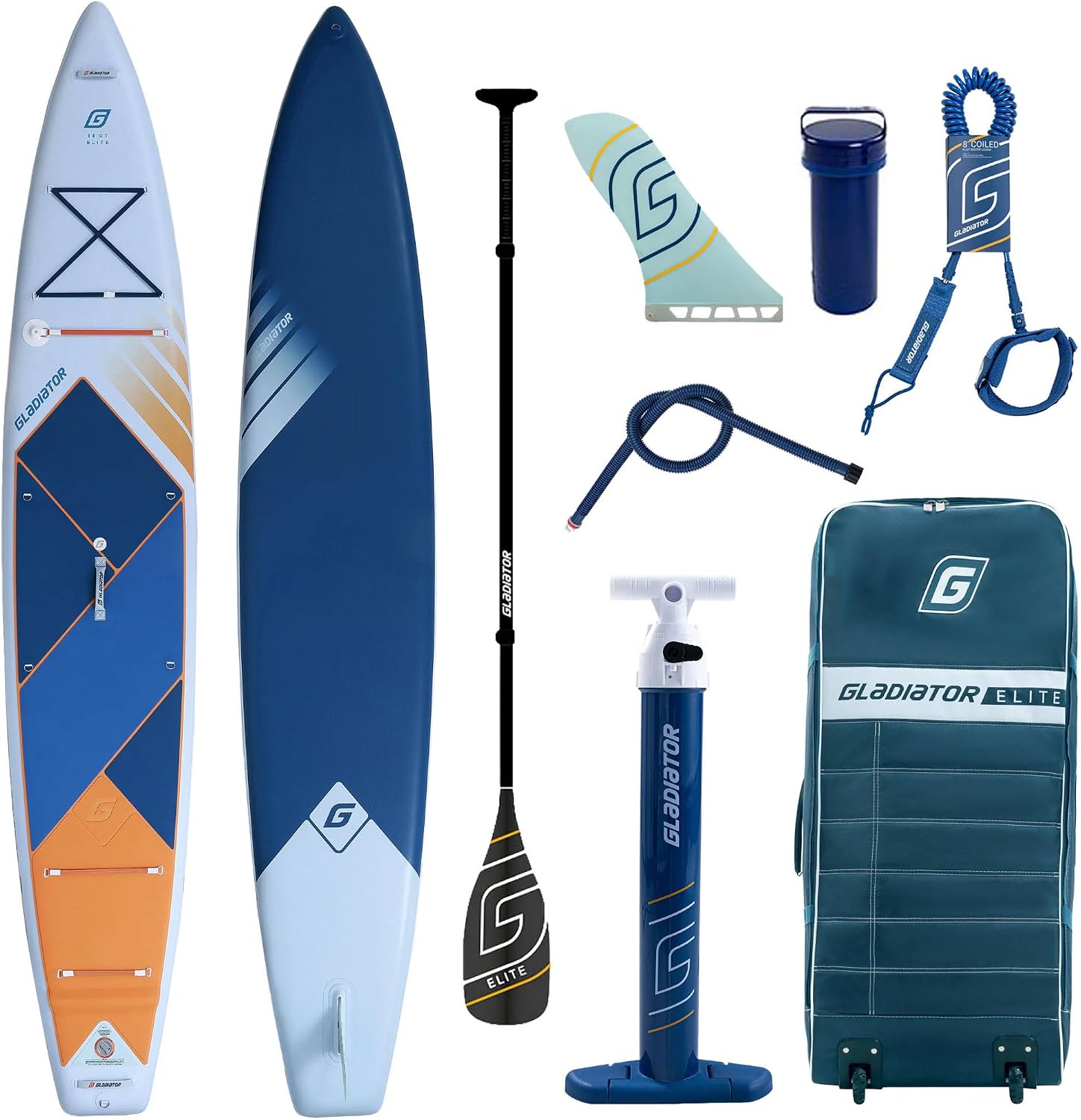 71eFfnRVW2L._AC_SL1500 Gladiator Elite SUP aufblasbar, Premium Stand Up Paddle Board mit 100% Carbon Paddel, Touring und Allround Performance iSUP, bis 26 PSI