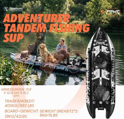 Spatium Aufblasbares SUP-Paddle-Board für Erwachsene, 27,9 x 111,8 x 10,2 cm, Angelkajak mit Premium-Zubehör, 2 Angelrutenhaltern, drehbarer Sitz, Angelpaddelbrett