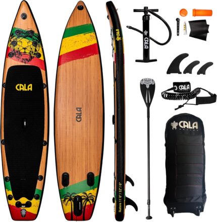 CALA 2026 Stand-Up-Paddling Board Set im Rucksack-Trolley, i-SUP aufblasbar, Robustes Surfboard mit Seegras-Anteil, leichtes Voll-Carbon Paddel, Reparatur Kit, Pumpe, 3 abnehmbare Finnen, Ventil